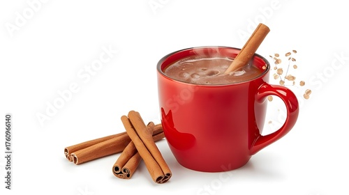 Red Mug and Cinnamon Sticks Flat-Lay Isolated on White Background