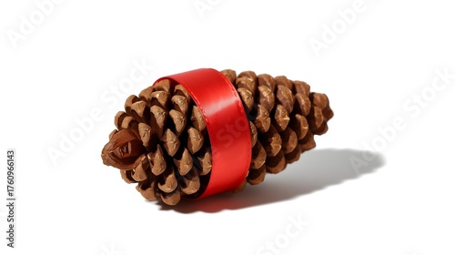 Frosted Pine Cone and Ribbon Isolated on White Background
 
