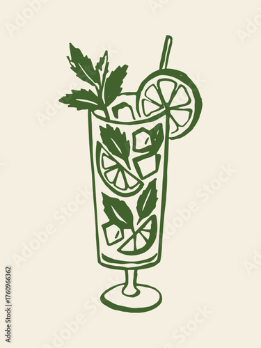 Mojito cocktail with lime and mint minimalist sketch vector illustration