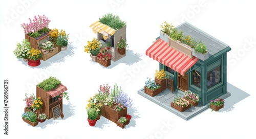 Fototapeta Naklejka Na Ścianę i Meble -  Bright and vibrant isometric illustration of a flower shop featuring colorful spring flowers in pots and wooden boxes. 