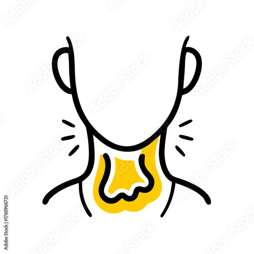 A minimalist line icon of a person's neck with yellow highlights and pain indicators, symbolizing a sore throat or thyroid issues. Ideal for health blogs.