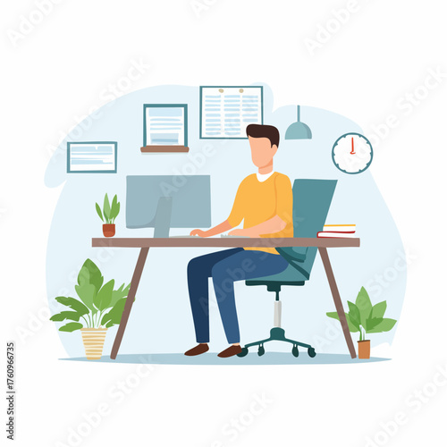 A person is sitting at a desk and working on a computer in a modern home office setting.