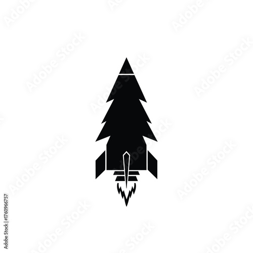 Black pine tree shaped rocket with exhaust flames spaceship