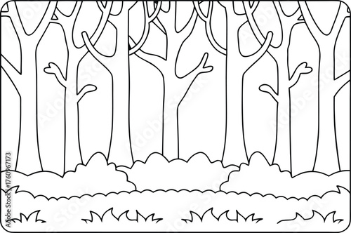 Sparse forest with tall bare trees and low bushes in a natural clearing outline for coloring activities