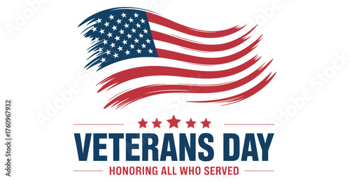 Veterans Day tribute with wavy American flag, red stars, and bold text—honoring U.S. military service with patriotic pride and gratitude