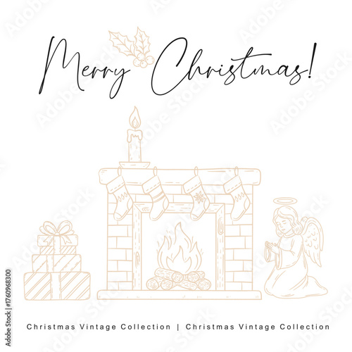 Merry Christmas Fireplace Scene with Gifts and Angel