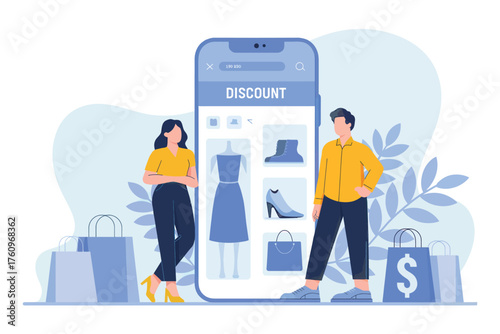 Modern mobile shopping experience couple browsing online store on smartphone with shopping bags