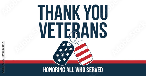 Veteran Day tribute with patriotic dog tags and bold “Thank You Veterans” text—honoring U.S. military service with red, white, and blue design