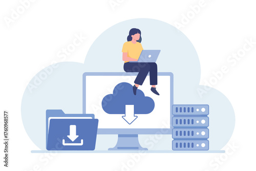 Person using laptop on computer with cloud download icon and server racks representing digital data storage solutions