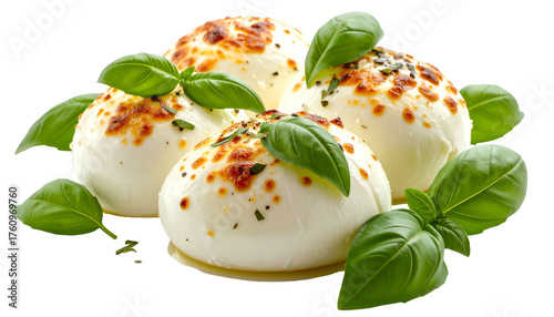 Four cheese spheres topped with baked cheese and herbs, garnished with fresh basil leaves