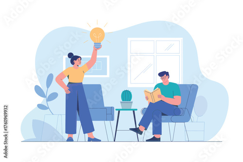 Modern flat design two people in casual seating area discussing ideas engaging in productive conversation business meeting concept