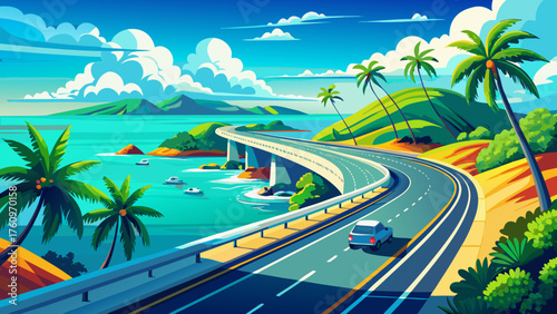 Very beautiful scenic drive along Key West Highway, featuring stunning ocean views, sparkling turquoise waters, and vibrant blue skies stretching across the horizon, perfect for a leisurely coastal 