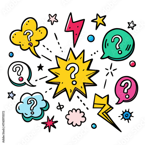 Comic Style Explosion with Question Marks and Lightning