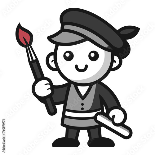 Cute cartoon artist character with paintbrush and canvas roll Keywords: artist, cartoon, character, paintbrush, art, drawing, painting, creative