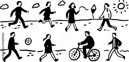 People walking, riding bicycles, and flying kites in a simple vector illustration. This outdoor activity scene captures various leisure pursuits in black and white.