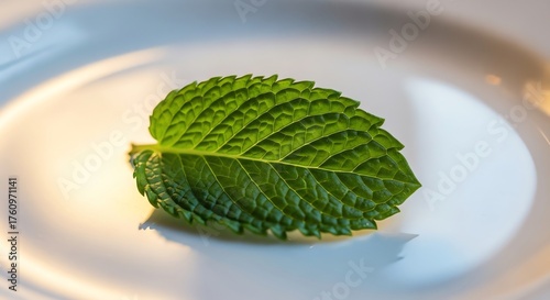 Fresh Green Mint Leaf on White Plate in Natural Light