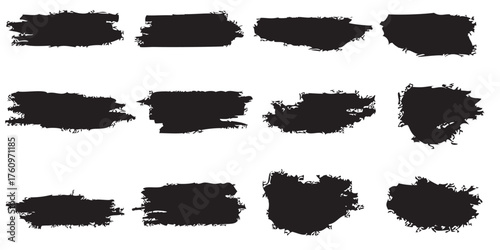 A collection of twelve abstract black grunge brush strokes with rough distressed textures and frayed edges.