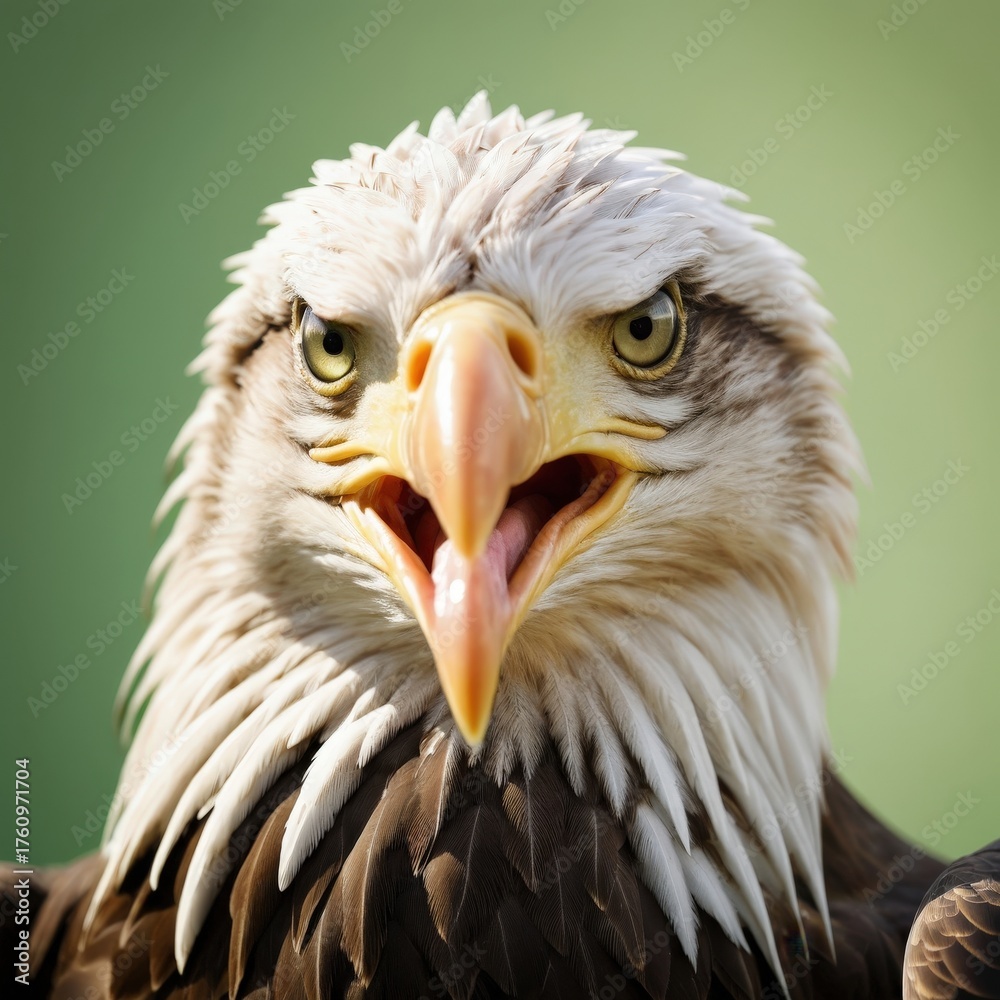 Naklejka premium Baby bald eagle profile with perfect lighting, revealing intricate feather patterns and piercing eyes.