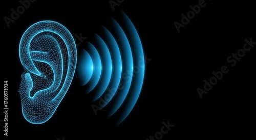 Digital Ear with Sound Waves in Futuristic Blue Design for Hearing Technology or Audio Concepts