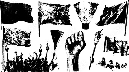 Illustration featuring protest flags and raised fists in a crowd. A powerful symbol of unity and political expression in a vector set.