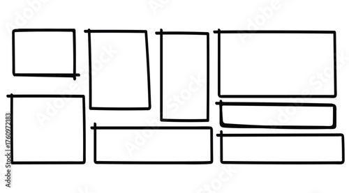 Vector art of a collection of handdrawn rectangular frames of various sizes and orientations, arranged in a gridlike pattern on a, perfect for graphic design elements and layout mockups