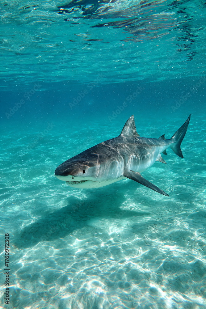 Naklejka premium Huge shark swimming in clear turquoise tropical ocean water