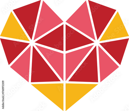 Vector art of geometric heart shape made of colorful triangles