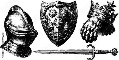 Engravings of vintage armor set: helmet, shield, sword, and crown. Detailed black outline illustrations in a retro style vector.