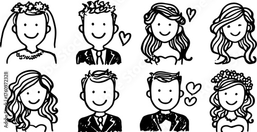 Hand-drawn silhouettes of couples in various wedding styles. Simple black outline vector illustration showing love and celebration, set in a playful design.