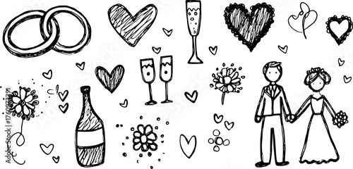 Wedding couple in hand-drawn style with rings, hearts, and flowers. A black outline vector illustration set featuring celebrations and romantic designs.