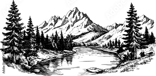 Natural landscape featuring mountains and a river, surrounded by trees. A detailed black and white vector illustration ideal for outdoor themes.
