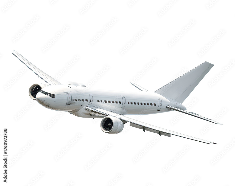 Fototapeta premium White passenger jet in flight. Clean, modern, commercial aircraft, angled view