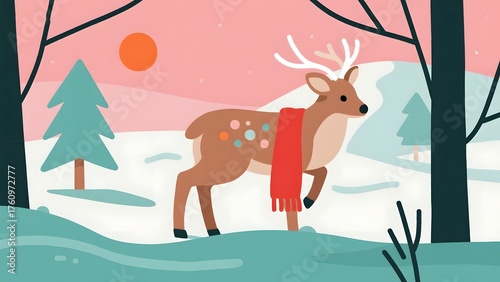 Deer wearing red scarf in snowy forest