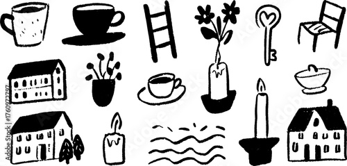 Set of hand-drawn illustrations featuring various objects like a cup, candle, chair, key, and plants. Black and white vector illustration.