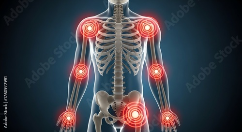 Human Skeleton with Red Highlighted Joints and Hip Area Showing Pain or Discomfort