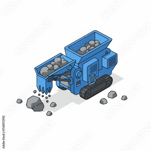 Isometric Detailed Rock Crusher Machinery Industrial Illustration with Stone Material