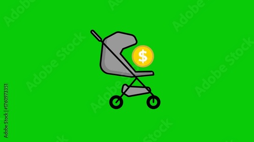 4K animated baby stroller with a dollar sign on a green screen, symbolizing child expenses, parenting costs, family budgeting, newborn care investment, and financial planning for raising children.