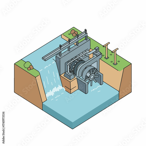 Detailed Isometric Style Hydroelectric Dam Generating Electricity Plant Illustration