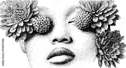 Monochrome vector illustration of a face adorned with flowers. Detailed design featuring intricate textures and abstract shapes in a creative set.
