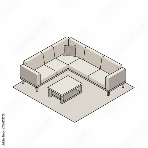 Isometric Modern Sectional Sofa and Coffee Table Living Room Illustration
