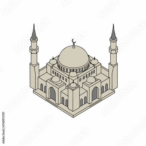 Isometric Detailed Mosque Building Structure Architectural Design Religious Place of Worship