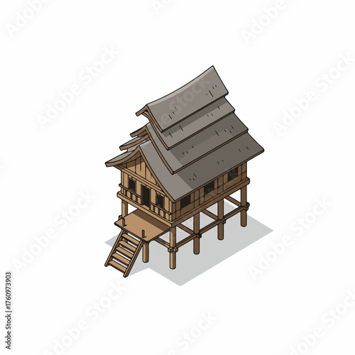 Isometric Detailed Traditional Wooden Stilt House Architecture Illustration