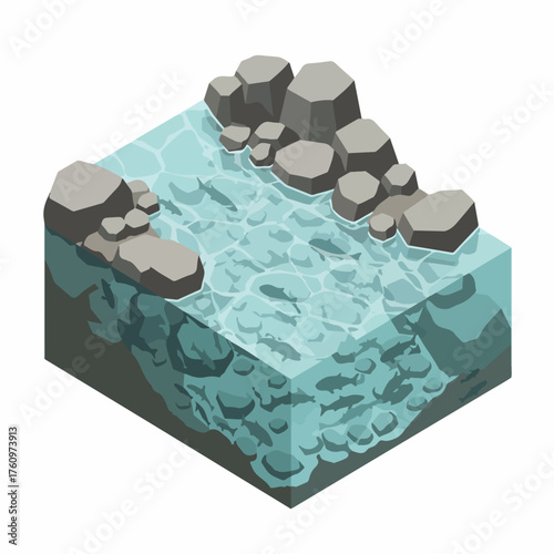 Isometric Lowpoly River Landscape Scene with Rocks and Clear Water Illustration