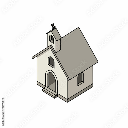 Isometric Line Art Detailed Chapel Small Church Religious Building Illustration