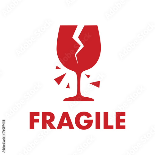 Fragile symbol with broken glass icon in red. Packaging and shipping label design for warning or handling instructions, ideal for box print, web, and signage.