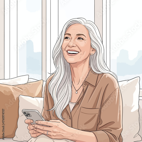 Smiling older woman with long gray hair holding a smartphone indoors