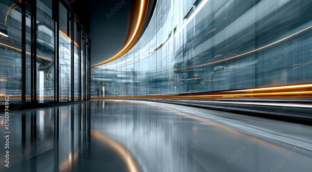 Fototapeta premium Long, empty hallway with a large window on the wall. The window is reflecting the lights from the hallway