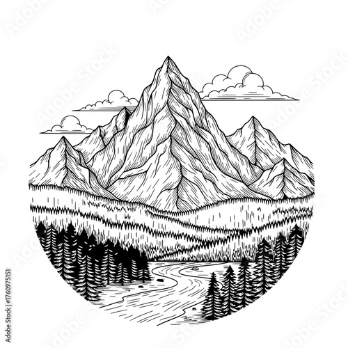 Hand-drawn Mountain Landscape with Forest and River
