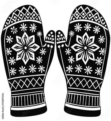 Detailed black and white illustration of cozy winter mittens featuring intricate snowflake and geometric patterns, perfect for holiday and cold weather designs