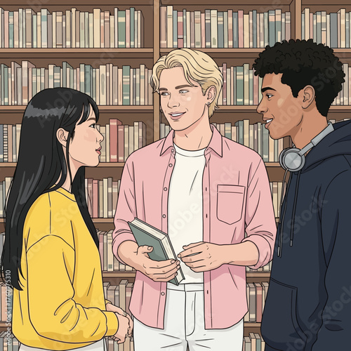 Three diverse young adults talking in a library with bookshelves